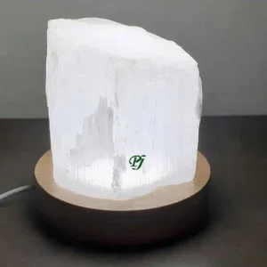 Lampara De Selenita Blanca Base De Madera – Promineral