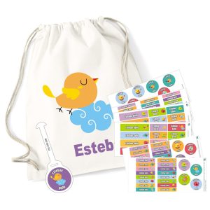 Etiquetas + mochila Pajaritos