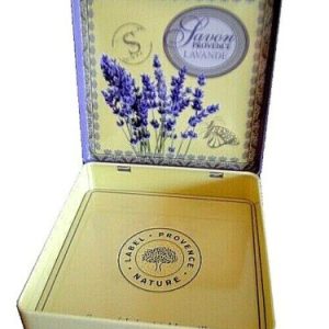 Boite à savon carré plate coffret Provençale en métal beige bouquet fleurs de Lavande 15cm